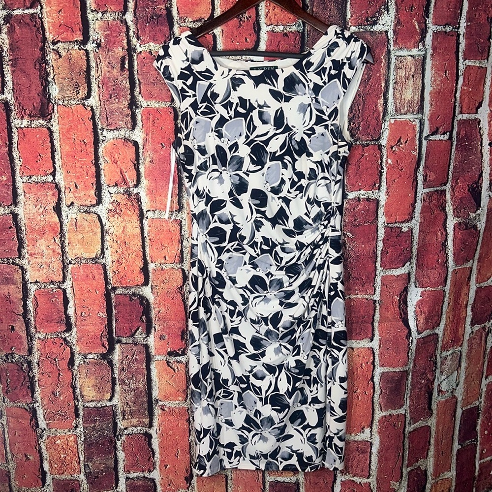 Lauren Ralph Lauren Floral Black/White Cap Sleeve Sheath Dress size 6